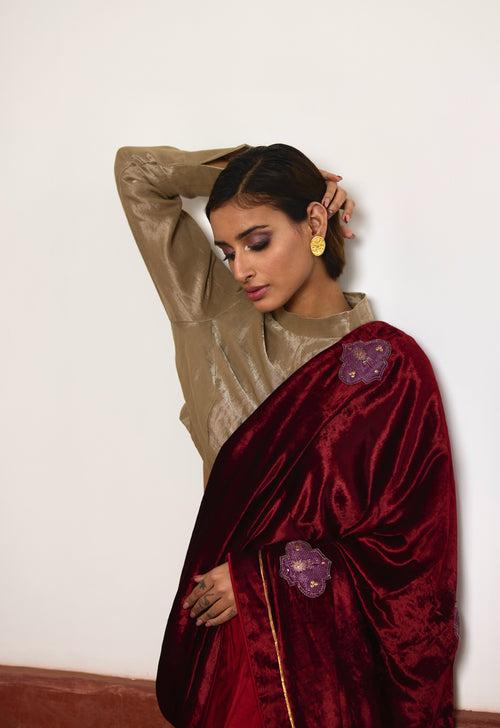 Saree in Red Velvet and Tissue