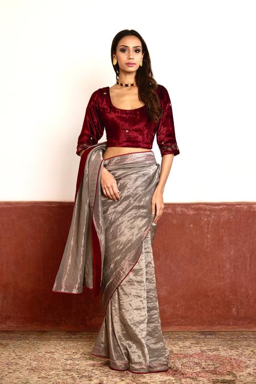 Saree in Silver Tissue with Red Facing