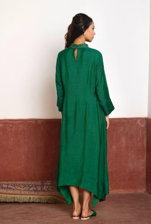 Asymmetrical Dress in Green Silk with Black Brocade Sally Jacket