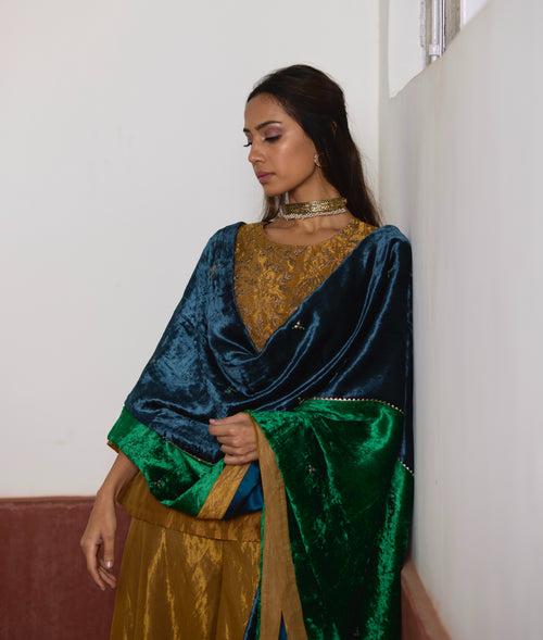 Half & Half Velvet Dupatta in Teal and Green