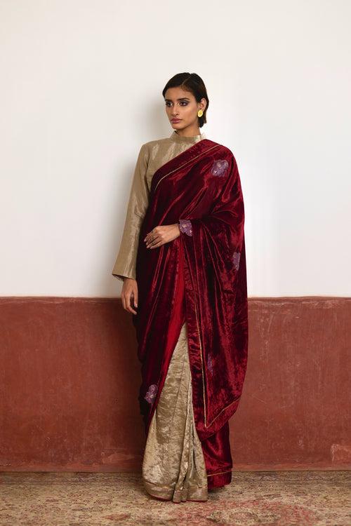 Saree in Red Velvet and Tissue