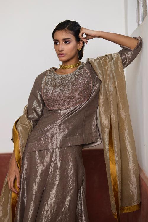 Dupatta in Champagne Grey Tissue with Block Print