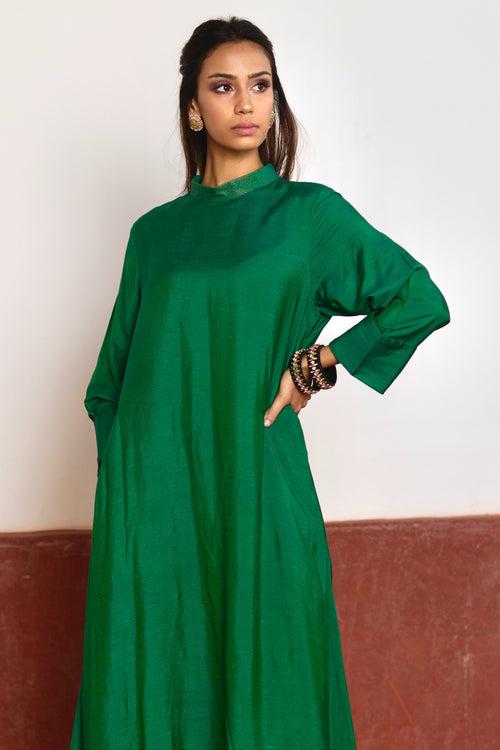 Asymmetrical Dress in Green Silk with Black Brocade Sally Jacket