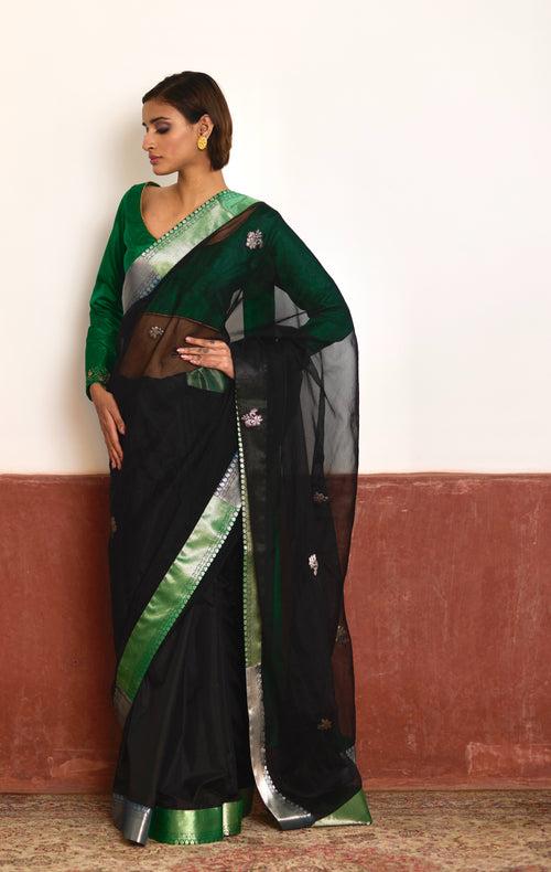 Saree in Black Silk Organza with Brocade Border