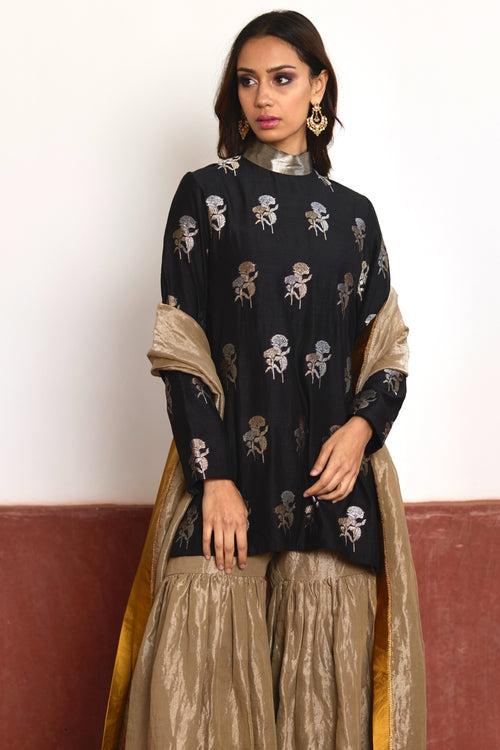 Polo Neck Short Kurta in Black Brocade with Champagne Grey Tissue Sharara