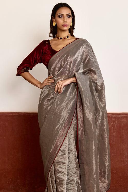 Saree in Silver Tissue with Red Facing