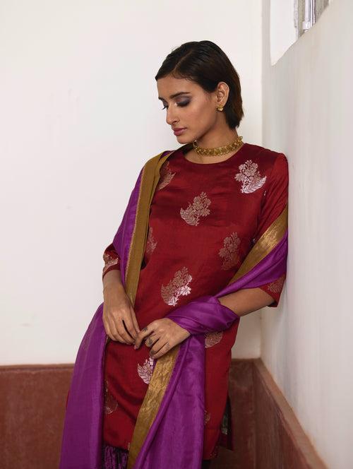 Zero Neck Short Kurta in Red Brocade with Purple Velvet Sharara