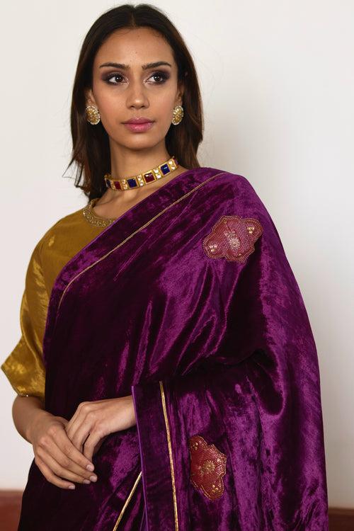 Saree in Purple Velvet and Tissue