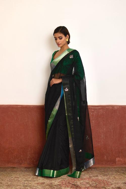 Saree in Black Silk Organza with Brocade Border