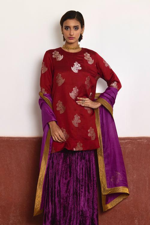 Zero Neck Short Kurta in Red Brocade with Purple Velvet Sharara