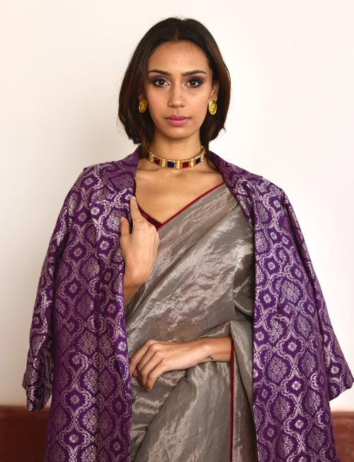 Saree in Silver Tissue with Red Facing