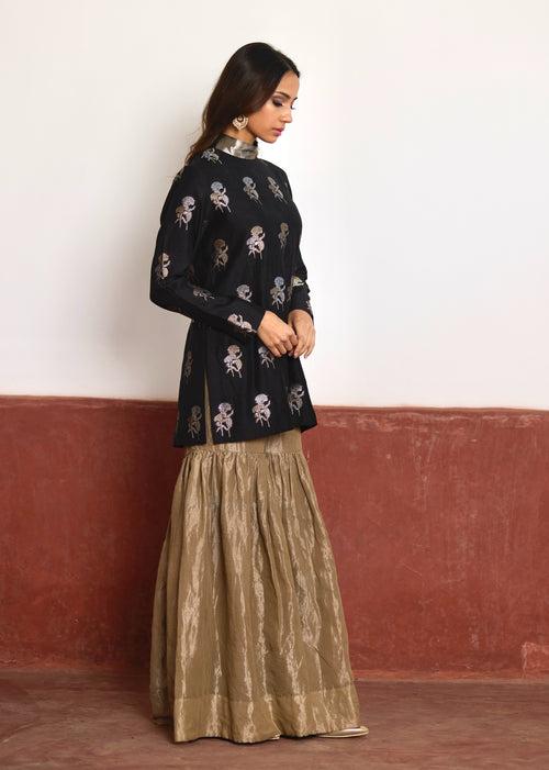 Polo Neck Short Kurta in Black Brocade with Champagne Grey Tissue Sharara