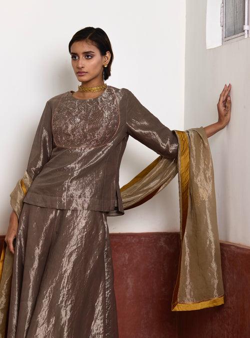 Dupatta in Champagne Grey Tissue with Block Print