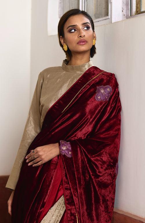 Saree in Red Velvet and Tissue