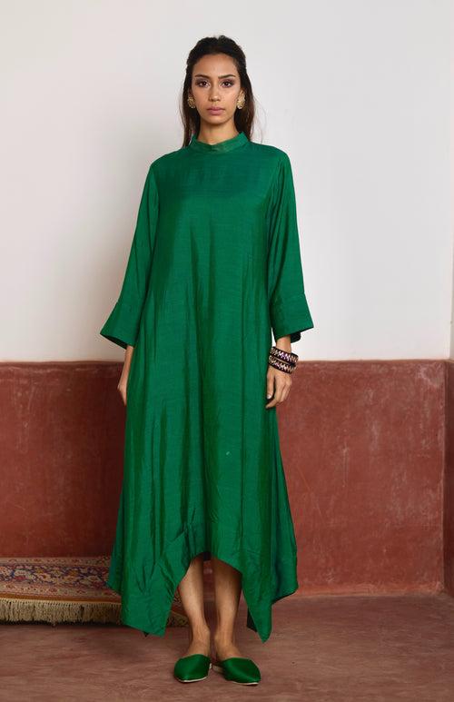 Asymmetrical Dress in Green Silk with Black Brocade Sally Jacket