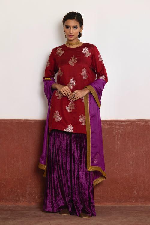 Zero Neck Short Kurta in Red Brocade with Purple Velvet Sharara