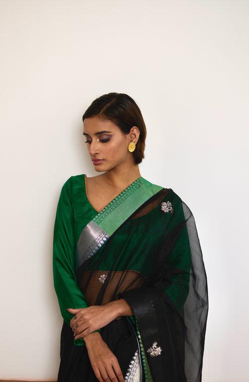 Saree in Black Silk Organza with Brocade Border