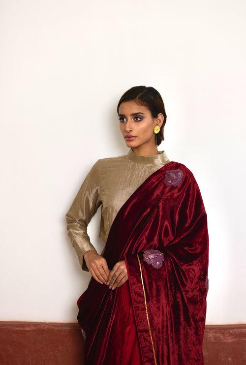 Saree in Red Velvet and Tissue