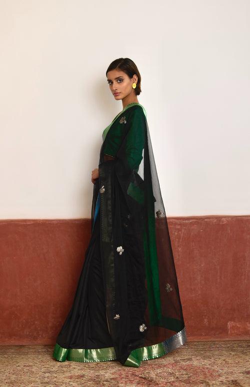 Saree in Black Silk Organza with Brocade Border