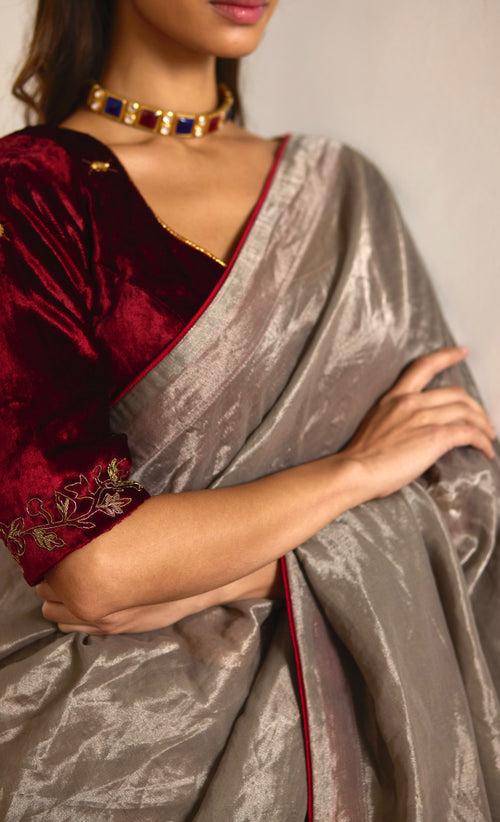 Saree in Silver Tissue with Red Facing