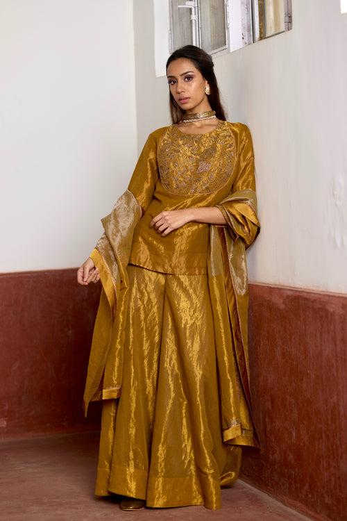 Mini Angrakha Kurta in Gold Tissue with Gold Tissue Garara