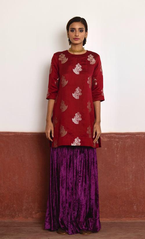 Zero Neck Short Kurta in Red Brocade with Purple Velvet Sharara