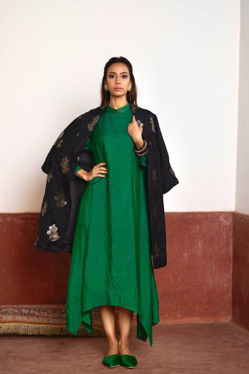 Asymmetrical Dress in Green Silk with Black Brocade Sally Jacket