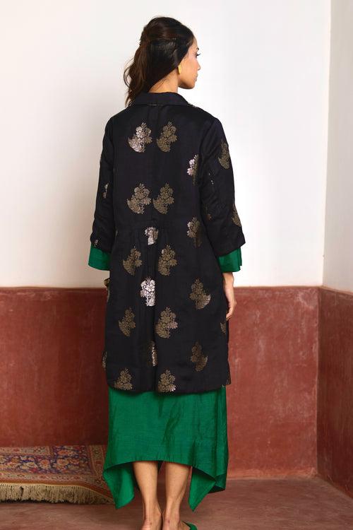 Asymmetrical Dress in Green Silk with Black Brocade Sally Jacket