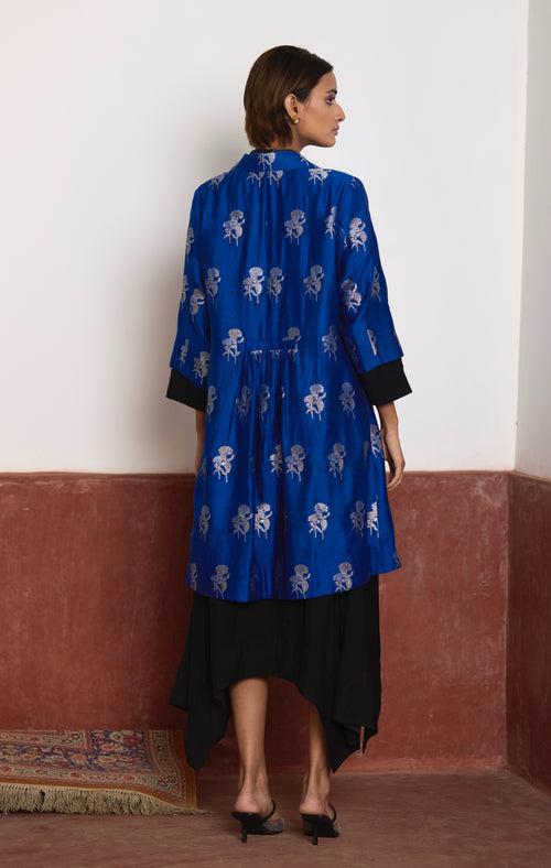 Asymmetrical Dress in Black Silk with Blue Brocade Sally Jacket