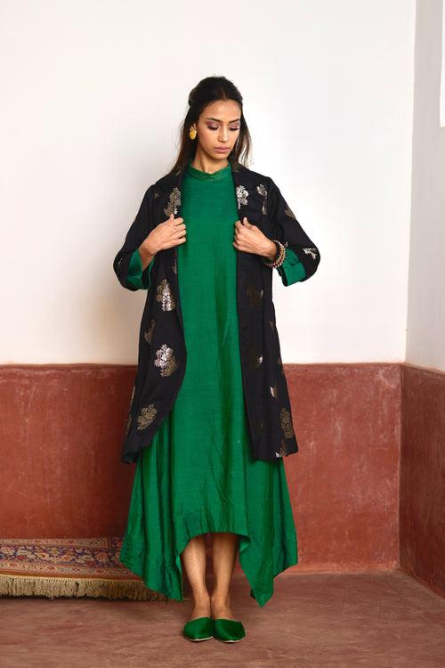 Asymmetrical Dress in Green Silk with Black Brocade Sally Jacket