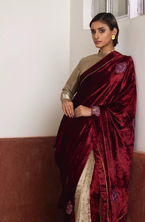 Saree in Red Velvet and Tissue