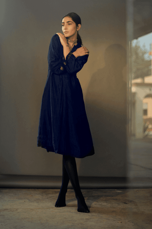 Sashiko Dress In Navy Silk