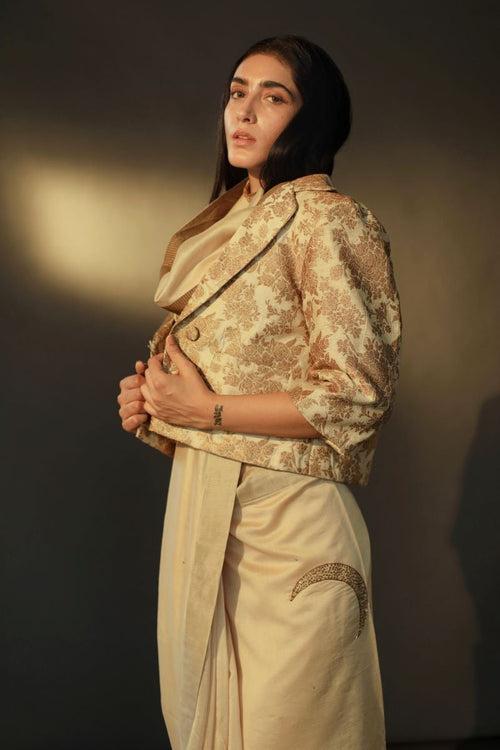 Blazer In Beige Brocade Benarasi