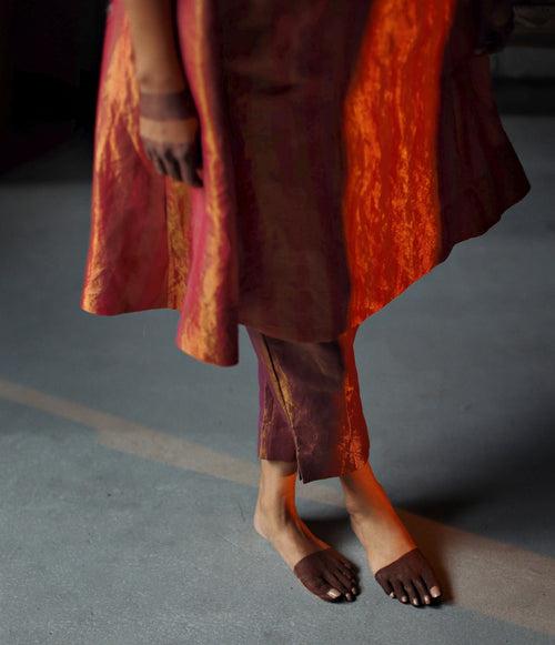 Maxi Kurta in Ruby Red Tissue stripes Chanderi with Pants