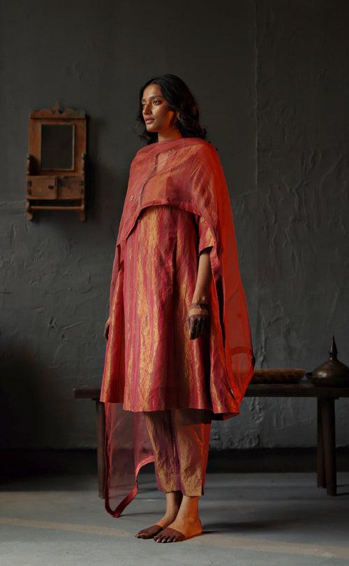 Maxi Kurta in Ruby Red Tissue stripes Chanderi with Pants