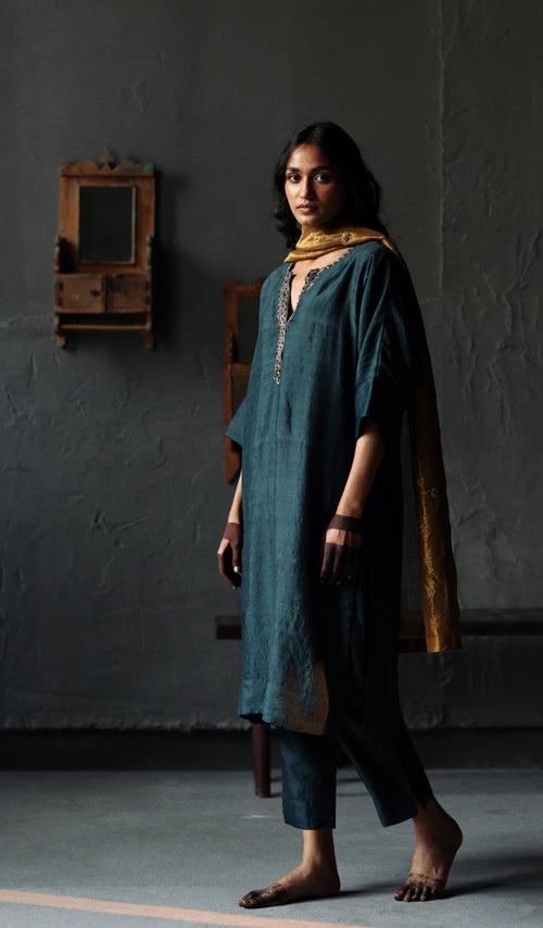 Sherbet Kaftan in Sapphire Teal Silk with Pants