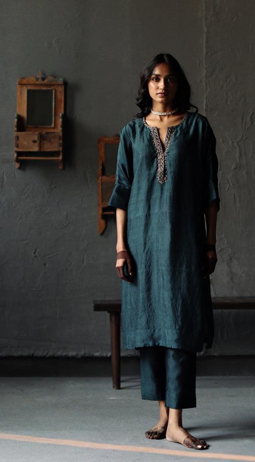 Sherbet Kaftan in Sapphire Teal Silk with Pants