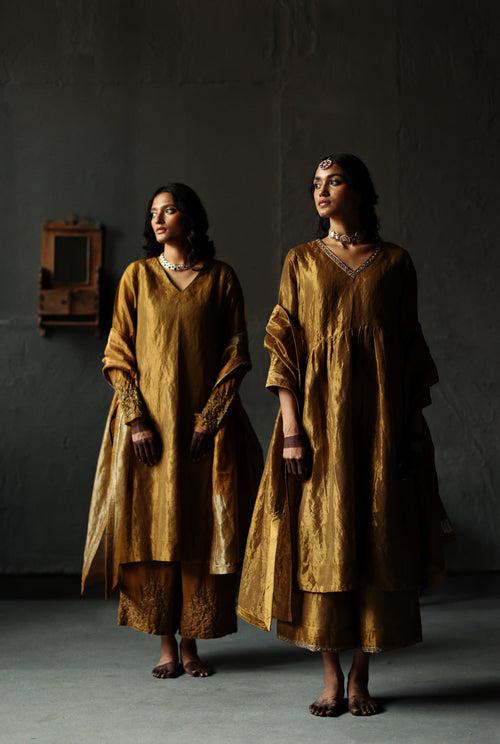 Ana Dress in Vintage Gold Tissue with Farshi