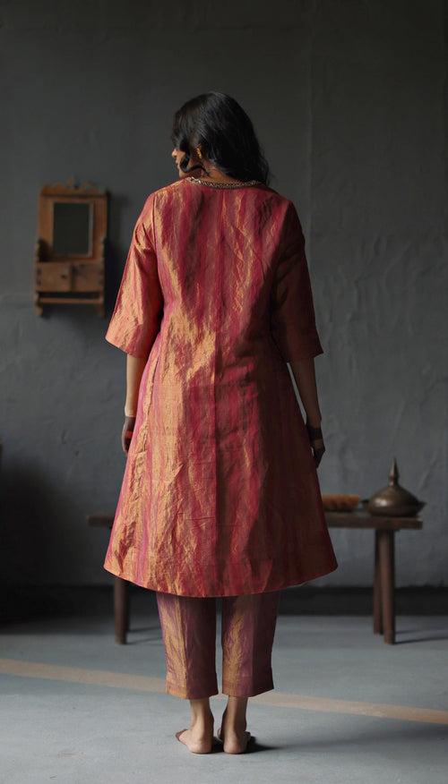 Maxi Kurta in Ruby Red Tissue stripes Chanderi with Pants