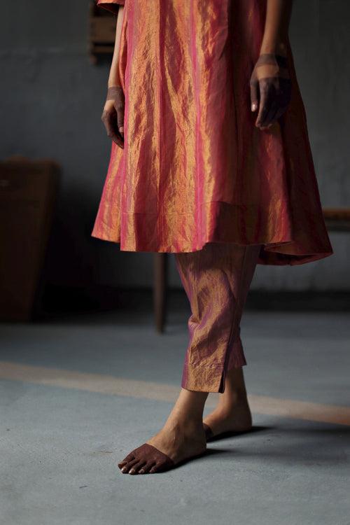 Maxi Kurta in Ruby Red Tissue stripes Chanderi with Pants