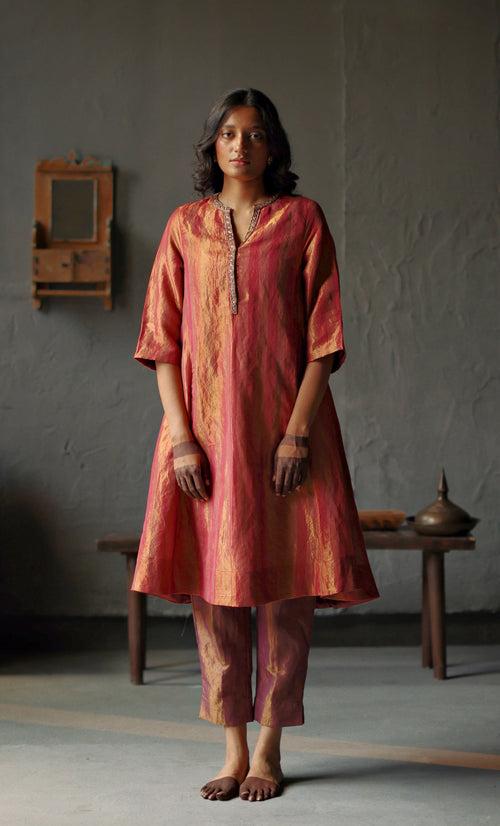 Maxi Kurta in Ruby Red Tissue stripes Chanderi with Pants