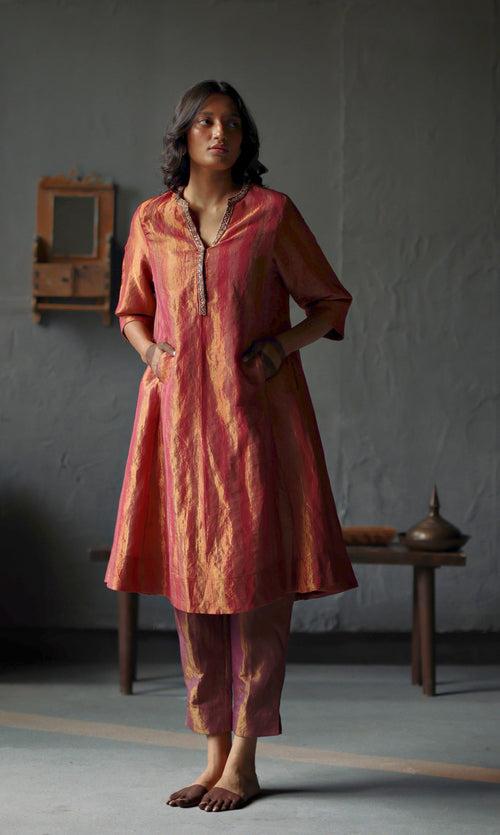 Maxi Kurta in Ruby Red Tissue stripes Chanderi with Pants