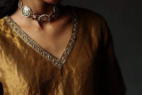 Ana Dress in Vintage Gold Tissue with Farshi