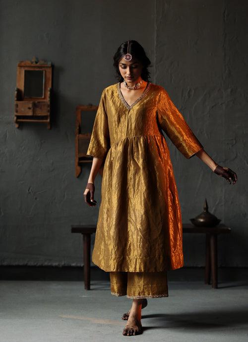 Ana Dress in Vintage Gold Tissue with Farshi