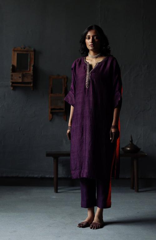 Sherbet Kaftan in Garnet Purple Silk with Pants