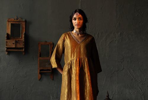 Ana Dress in Vintage Gold Tissue with Farshi