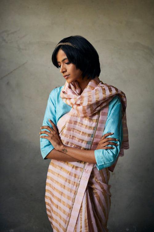 Sari In Baby Pink Tissue Stripes