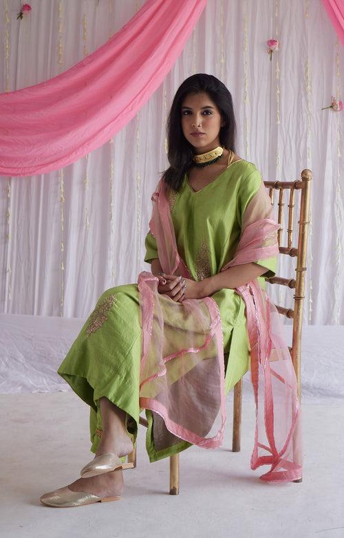 Tannu Kurta in Citrus Green Chanderi with Pants and Dupatta