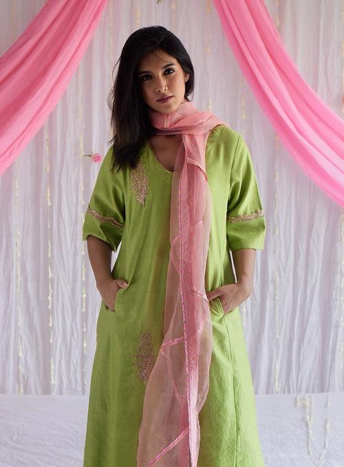 Tannu Kurta in Citrus Green Chanderi with Pants and Dupatta