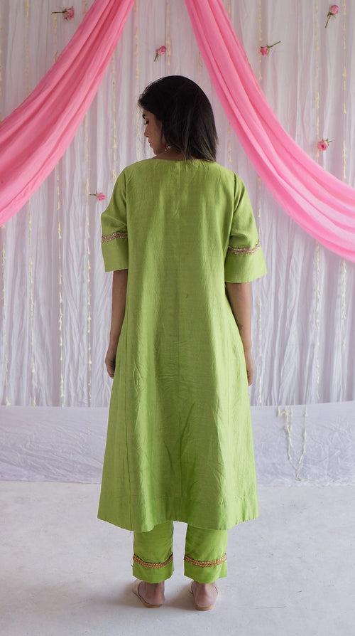 Tannu Kurta in Citrus Green Chanderi with Pants and Dupatta